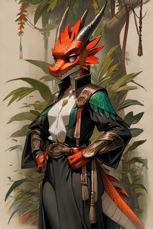 female kobold with red and orange reticulated scales dressed in a black coat in a jungle