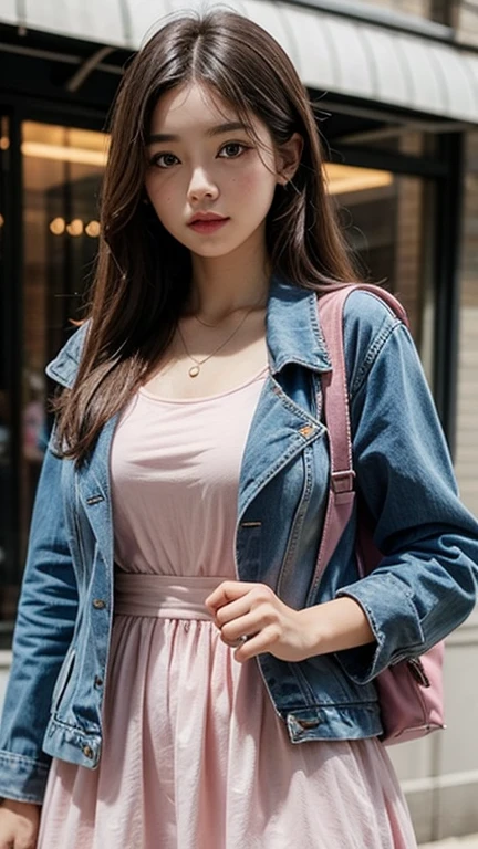 solo , 1girl , pink dress , big breast , American girl , blue jacket