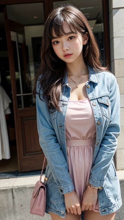 solo , 1girl , pink dress , big breast , American girl , blue jacket