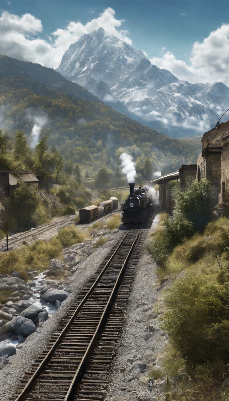 Blue sky with white clouds, next to two mountains one on the right the other on the left, a railway crossing connecting the two mountains with an old train passing over the railway line, smoke coming from its chimney, Below there is a stream with clear water and you can see the stones at the bottom. 4k image quality