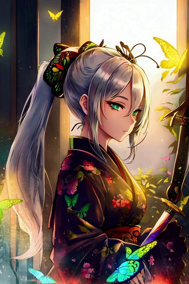 (Haori) (Butterfly emblem), Silver hair, Ponytail, (Green eyes), Samurai, Sword fighting, Girl,