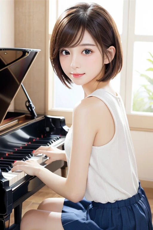 masterpiece、Highest quality、High resolution、wallpaper、Realistic、Bright lighting、Professional Lighting、Face Light、Smooth lighting、Japanese Girls、Beautiful woman、gravure、so beautiful、Beautiful Skin、Beautiful and detailed、Detailed face、slim、Moderate、short hair、Looking into the camera、play piano、mini skirt