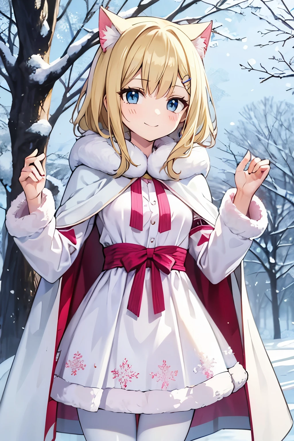 Safe for work, masterpiece, best quality, solo, 1 girl,  cute girl, wholesome girl, (young female body:1.4), ( medium small breasts), cowboy shot, shy smile, flustered, yellow hair, thick wavy hair, hime cut, very blunt bangs, light blue eyes, detailed eyes, outside, snowy woods, wooden cabin in background, standing, pink dress, pink winter dress, dress with white fur, white cotton pantyhose, winter fur dress, long sleeve, hot pink dress, snowflake print on dress, thick winter dress, white fur trimmings, white fur, warm, beight pink dress, white cloak, fluffy cape, cape over shoulder, white cape, bows on dress, cape hood over head, hood with cat ears, details on dress
