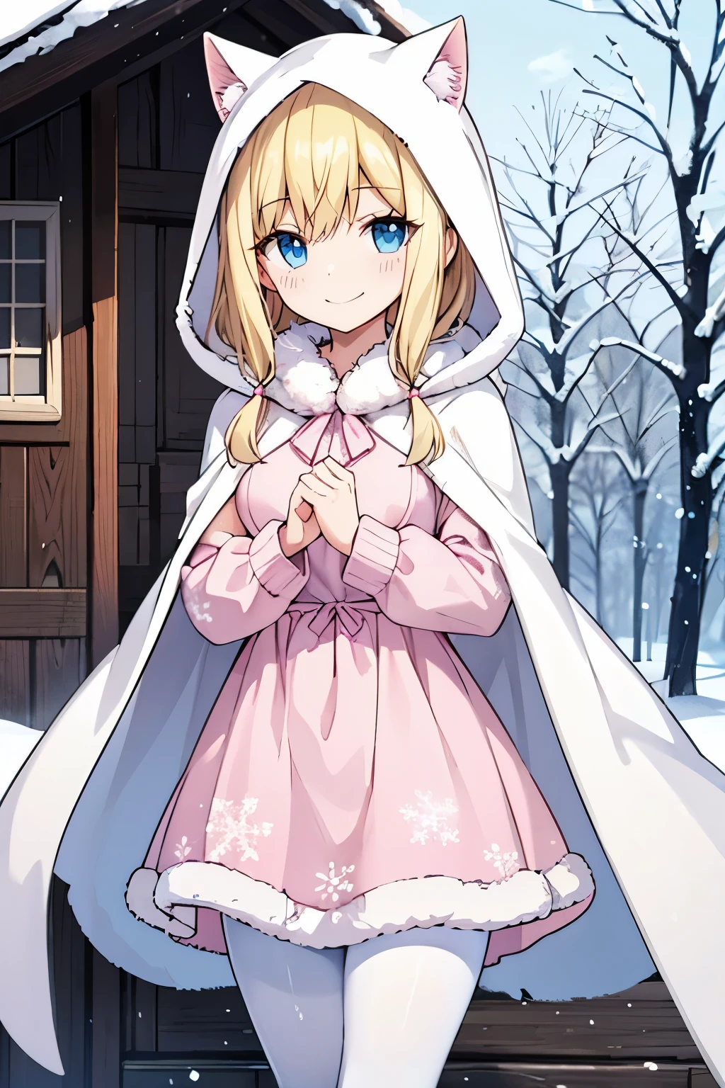Safe for work, masterpiece, best quality, solo, 1 girl,  cute girl, wholesome girl, (young female body:1.4), ( medium small breasts), cowboy shot, shy smile, flustered, yellow hair, thick wavy hair, hime cut, very blunt bangs, light blue eyes, detailed eyes, outside, snowy woods, wooden cabin in background, standing, pink dress, pink winter dress, dress with white fur, white cotton pantyhose, winter fur dress, long sleeve, hot pink dress, snowflake print on dress, thick winter dress, white fur trimmings, white fur, warm, beight pink dress, white cloak, fluffy cape, cape over shoulder, white cape, bows on dress, cape hood over head, hood with cat ears, details on dress