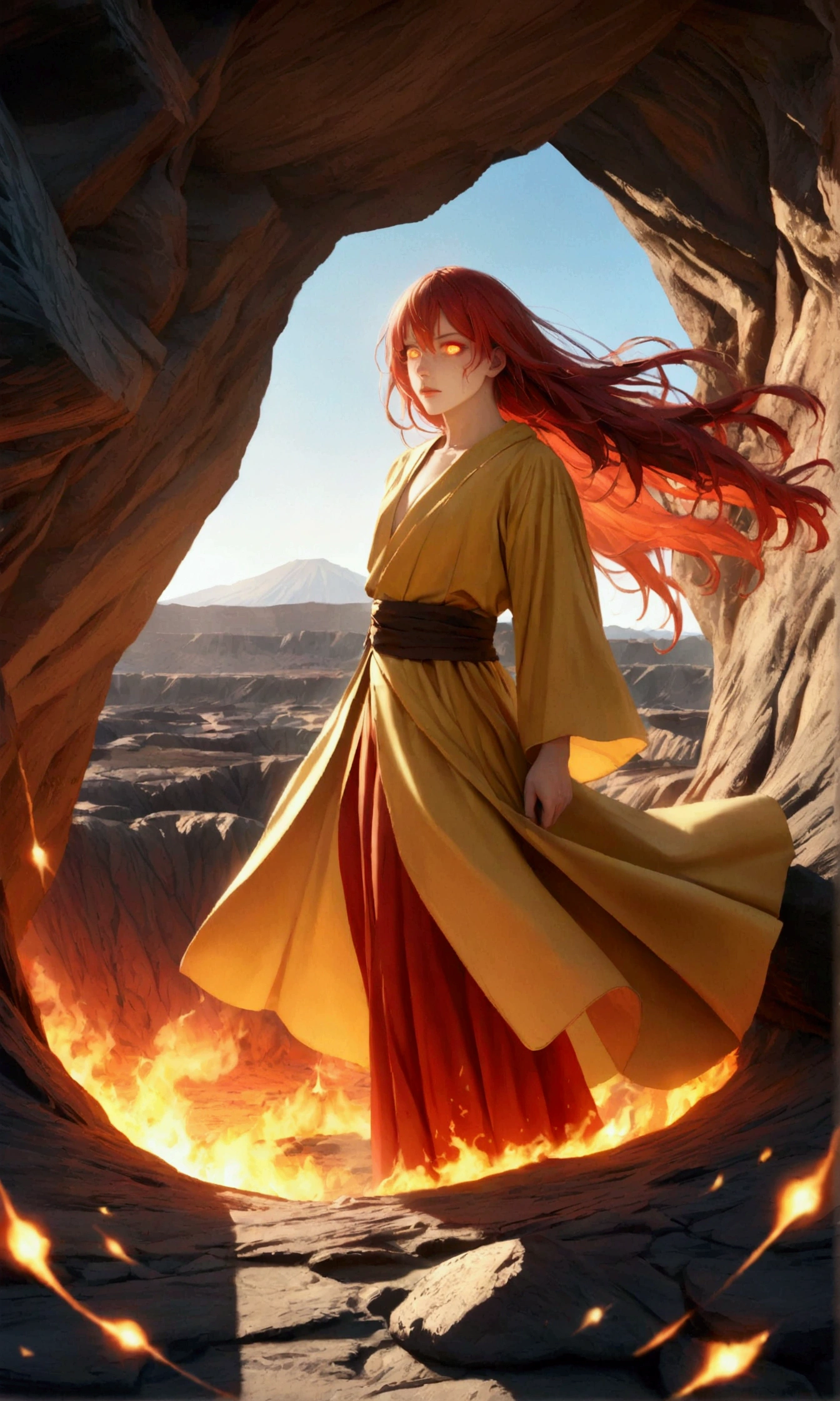male (magician, 30 years old, Long Hair, Redhead, Floating Hair, Fiery colored eyes, red and gold robe, Sunburned skin, Intense face, Glowing Eyes) Casting a spell), (Flames are swirling), Beautiful volcanic landscape, Lava flow, The hot summer air sparkles, (embers floating in the air, Create a warm glow), The midday sun shining in the sky, male is at a volcanic crater, break, quality (8k, 非常に精細なCGユニットのwallpaper, masterpiece, High resolution, 最高quality, 最高quality real texture skin, Ultra-realistic, Increase the resolution, RAW Photos, 最高quality, Very detailed, wallpaper, Cinema Lighting, Ray-tracing, Golden Ratio.), break, shot(ロングshot, ワイドshot.)