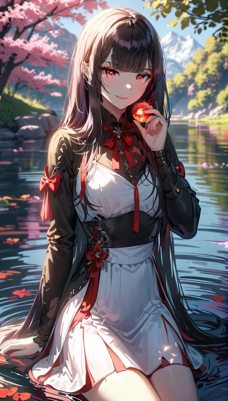 1girl, red eyes, smile, split-color hair:1.3, long hair, pale skin, sitting on stone,lake, sunshine, dramatic lighting, soft shadow, masterpiece, best quality, safe, SFW, very aesthetic, recent, absurdres, highres, lighting, glowing, smiling happily, ultra HD