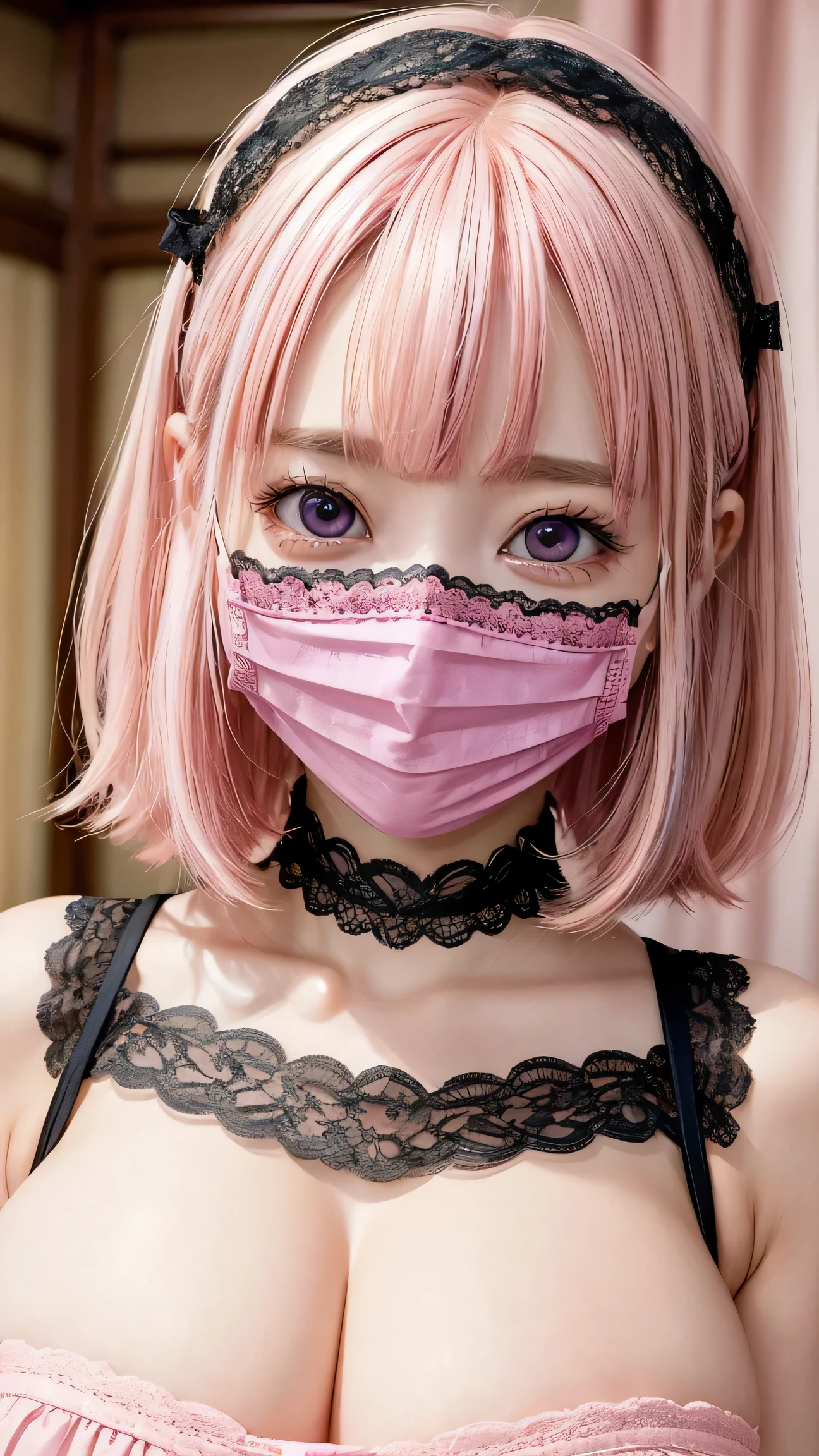 (4K quality:1.3),(Highest quality:1.3),(19 years old:1.3),(Large Breasts:1.6),Overdeveloped breasts:1.6,Big Breasts:1.6,Large Breasts in the World,Extra large chest:1.3,One of the largest breasts in the world,Saggy breasts,rich,Upper Body,smile,Japanese Voice Actors,Overflowing breasts,(jewelry),Captivate a man,Cleavage,(Con Cafe:1.5),(Celebrities:1.4),(thin:1.2),(Tight waist:1.4,(Night viewの良いホテル:1.1),(luxury:1.2),(Arisa Hanyu:1.5),(anorexia:1.4),(Night view:1.3),(Close up on face:1.2),Catchlight,(Child face:1.6),(smile:1.1),(Lori:1.5),(Pink Hair:1.6),(Short Hair),(Deep pink eyes:1.4),(2D cuteness:1.5),(Cute Makeup),Beautiful fingertips,Black lace collar,(Lace Mask:1.3)