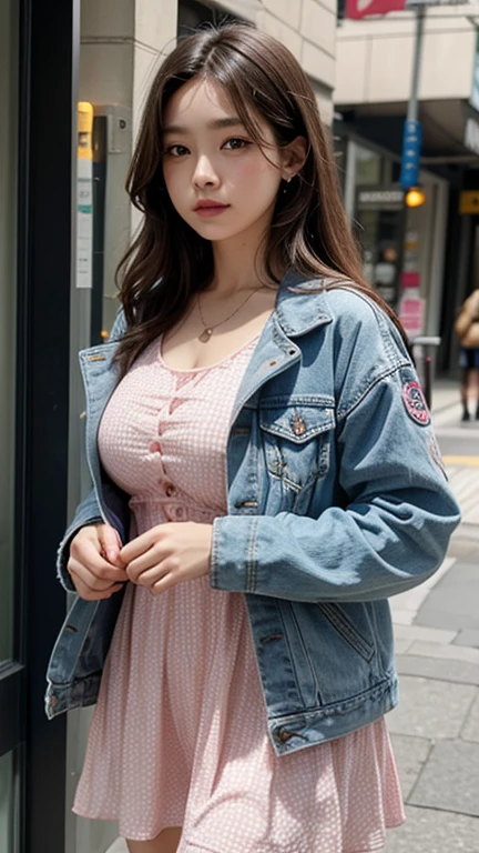solo , 1girl , pink pattern dress , big breast , American girl , blue jacket
