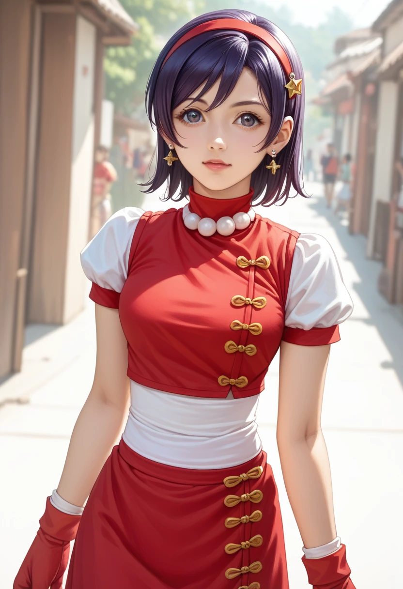 Masterpiece, best quality, asamiya athena, the king of fighters '98, cowboy shot, standing ,solo, 1girl, Chinese crop top ,red skirt, midriff, short hair, love live style, anime cg