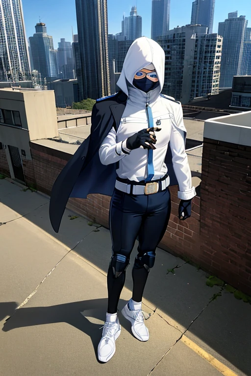((best quality)), ((masterpiece)), (detailed), 1 boy in a trench coat standing on a building, full body, 19 years old, masked, white mask covering his entire head and hair, mask, black protective glasses, blue eyes, black face mask, no hair, tall and slender, thin, long beige trench coat, open trench coat showing his emblem, black fingerless gloves, white wristbands, white superhero armor, white chest with emblem, luminous blue "I" letter emblem on chest, blue I-shaped emblem, letter I, black pants, white knee pads, metallic white shoes, superhero belt, nanotechnology in the air, city background, anime