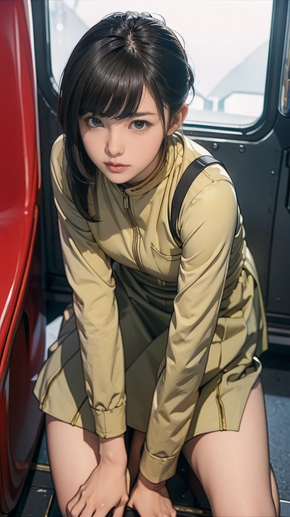、Earth Federation Operator Girl Soldier、Black short hair、Idol-level cuteness、Childish face and appearance、Operator intercom mounted on head、Accurately drawn faces、thin、健康的なKnee-lengthスカート風の地球連邦軍制服、Knee-length、Inside the bridge of a battleship、Low angle shot、Anatomically correct、Accurate Fingers、Accurate Rimbuster Piece、Photorealization