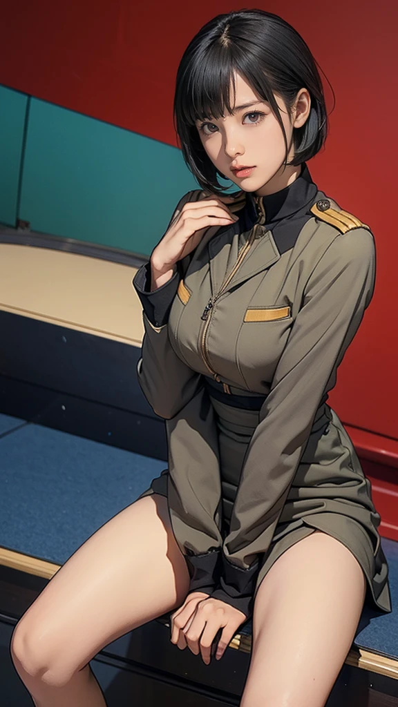 13-year-old girl、Earth Federation Operator Girl Soldier、Black short hair、Idol-level cuteness、Childish face and appearance、Operator intercom mounted on head、Accurately drawn faces、thin、健康的なKnee-lengthスカート風の地球連邦軍制服、Knee-length、Inside the bridge of a battleship、Low angle shot、Anatomically correct、Accurate Fingers、Accurate Rimbuster Piece、Photorealization
