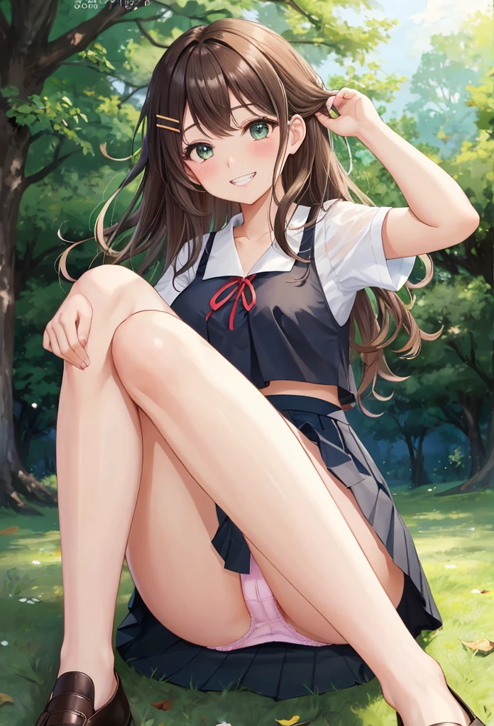 A beautiful girl sitting on the ground with her legs crossed, under a tree, sitting on the grass, a pair of white and black Vans sneakers, yellow crop tank top, navy blue mini skirt, (Pleated skirt:1.3), light pink panties, (show panties:1.4), (Panty shot:1.3), (pull up the skirt:1.3), (sitting on ground:1.4), put the heel on the ground, spread your legs a little, squat with your knees up, attach your ass to the ground, big rounds breasts, dark brown hair, swept bangs, long hair, wavy hair, expressive hair, shiny hair, hairclip, aqua eyes, (gradient eyes:1.3), glowing eyes, pupils sparkling, blush, bright pupils, grin, (grin:1.3), glossy lips, forehead, cute face, angle from below, upskirt, slim waist, shapely legs, beautiful thighs, whole body, Smile, natural smile, enchanting smile, (looking at the viewer:1.2), From before, from below, POV, anime CG style, high definition, natural light, high detail, anime, dithering, image fill, perspective, Wide-Angle, f/1.8, 85mm, Sony FE GM, 8k, 8k wallpaper, super detail, highly detailed CG, UHD, retina, masterpiece, accurate, anatomically correct, textured skin, highres, best quality:1.3, 16k