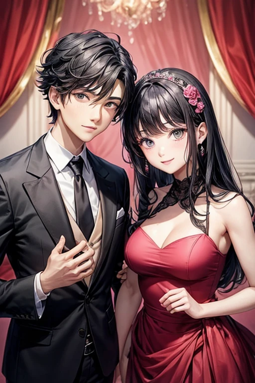 Imagine a handsome boy with black hair., dressed in an elegant black suit, already a beautiful girl with pink hair, wearing a beautiful dress of the same color. They are together, looking at the camera with radiant smiles. The boy has his right hand placed gently on the girl's waist, while she has her left hand resting on her right shoulder. They both look relaxed and comfortable with each other..., as if they were a couple in love. The image captures an intimate and special moment between them., full of affection and complicity.