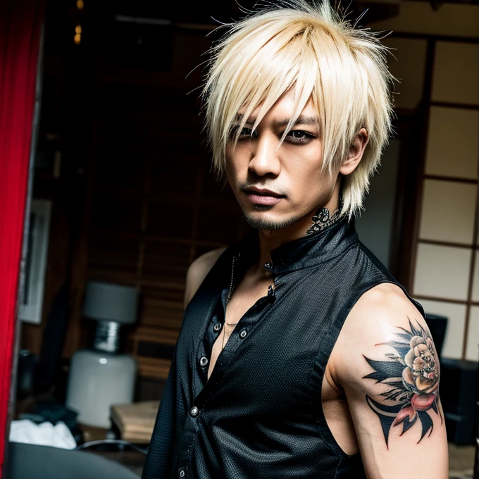 Japanese gothic rocker man, male, Asian eyes, muscular, broad shoulders, yakuza tattoos, hairstyle Visual Kei style, hair Visual Kei, black men's shirt and black pants, ultra detailed face, hyperrealistic, realistic representation, 30 years old, age 30 years,, blonde hair
