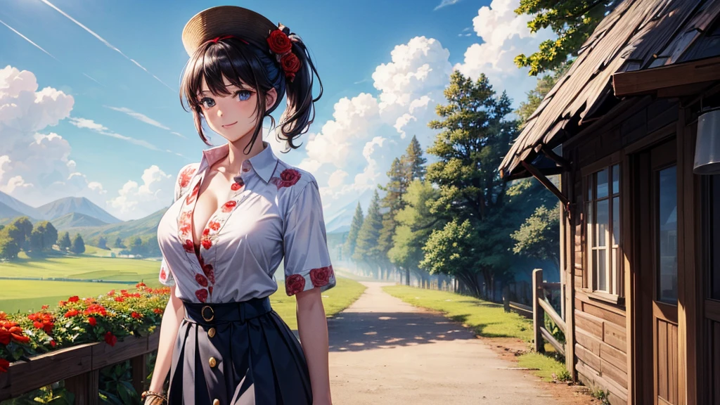 1girl, solo, rural landscape, village, trees, sun, clouds, fantasy, black hair, ponytail, large breasts, button down shirt, ((red floral pattern shirt)), ((short sleeved shirt)), ((unbuttoned shirt)), popping buttons, unbuttoning buttons, cleavage 1:3, blue eyes, dark skirt, smile, looking at the viewer, standing, hair ribbon, golden necklate, elegant white hat