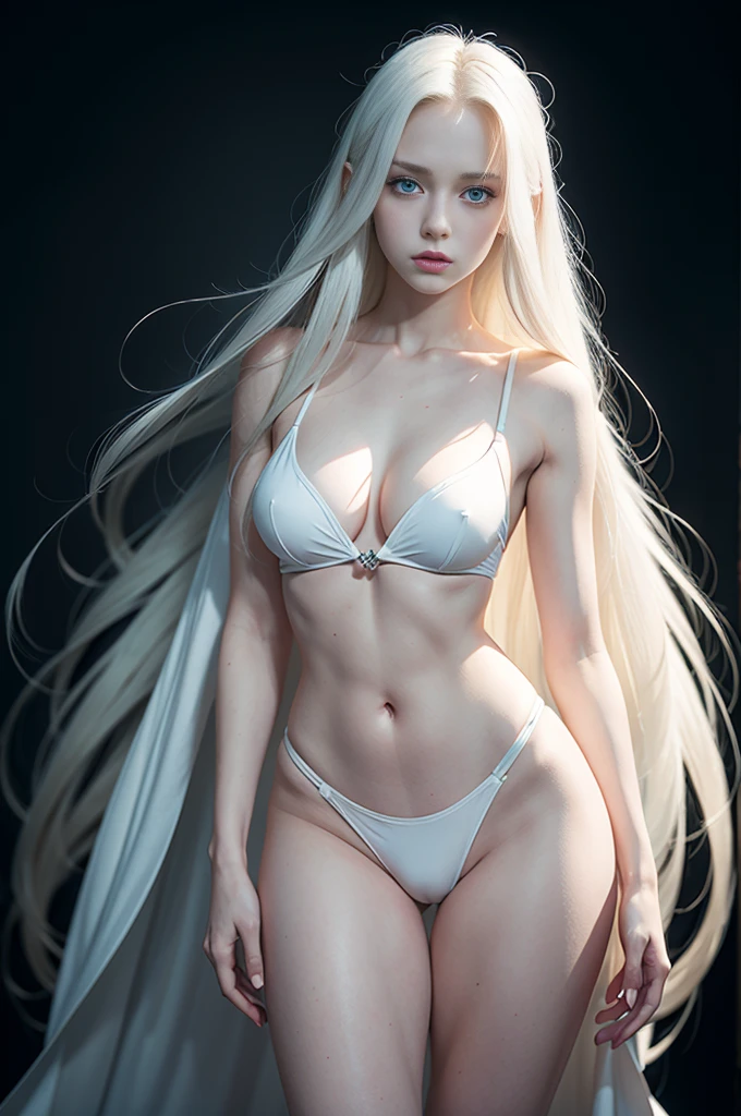 A very long straight silky albino-white haired sweden girl, bang, blue eyes, 20 years old, young, pale skin, Ultra high res, uhd, (photorealistic:1.4), mons veneris from the side, (hips facing camera:1.4), hands behind her back, doll-like face, in a dark room dramatic lighting, shy, full body shot, side view, a towel wrapping around her body,