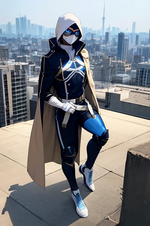 ((best quality)), ((masterpiece)), (detailed), 1 boy in a trench coat standing on a building, full body, 19 years old, masked, white mask covering his entire head and hair, mask, black protective glasses, blue eyes, black face mask, no hair, tall and slender, thin, long beige trench coat, open trench coat showing his emblem, black fingerless gloves, white wristbands, white superhero armor, white chest with emblem, luminous blue "I" letter emblem on chest, blue I-shaped emblem, letter I, black pants, white knee pads, metallic white shoes, superhero belt, nanotechnology in the air, city background, anime