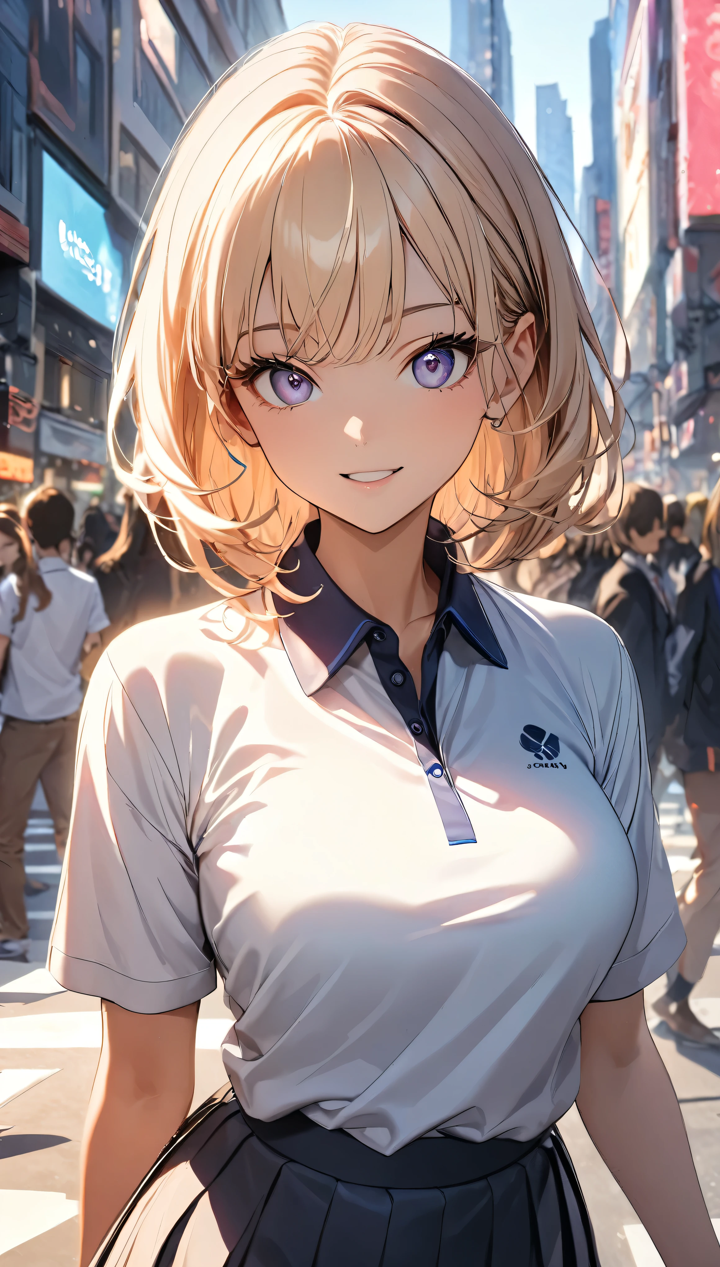 (Highest quality:1.2, Very detailed, up to date, Vibrant, 超High resolution, High Contrast, masterpiece:1.2, Highest quality, Best aesthetics), (((1 girl))), A carefully drawn Shibuya, Background of Shibuya Scramble Crossing, (School-designated polo shirt:1.2), Professionalism, Bright colors, Soft lighting, Expressive eyes, Detailed lips, Long eyelashes, Pleasant atmosphere, incite inferiority, Obscene eyes, Lewd smile, Open your mouth, Miraculous good looks:1.1, ((Polo shirt, Pleated skirt, Gal Makeup:1.2)), Positive Energy, Calm background, A nurturing presence, High resolution, Correct Perspective 1.1, (Soft focus throughout).