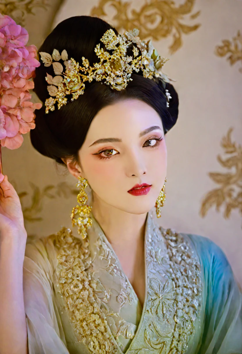The Empress's large breasts, hairy body, and lower abdomen are visible as she sits without underwear, legs apart.、 Her hair is tied up and pulled up with a gorgeous flower ornament on both sides.、The background of the crowning of the Qing Dynasty Empress is the stone paving of a Chinese palace during the Qing Dynasty.