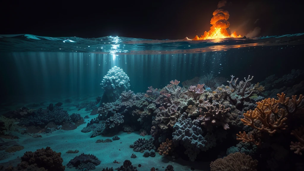 Prompt: A dramatic scene of an underwater volcano erupting at the ocean floor. The volcano is actively spewing incandescent lava and volcanic ash clouds that blend with the dark, deep ocean water. The volcano and eruption are clearly visible against the ocean backdrop, with rock fragments and gas bubbles rising toward the surface. Rays of light filter through the water, illuminating the scene and highlighting the contrast between the warm glow of the lava and the surrounding darkness. Around the volcano, a variety of marine life is present, including colorful fish, vibrant corals, and bioluminescent creatures adding a subtle glow to the environment. The image captures the interplay between the volcanic chaos and the serene ocean depths, showcasing the power of nature in an impressive underwater setting.