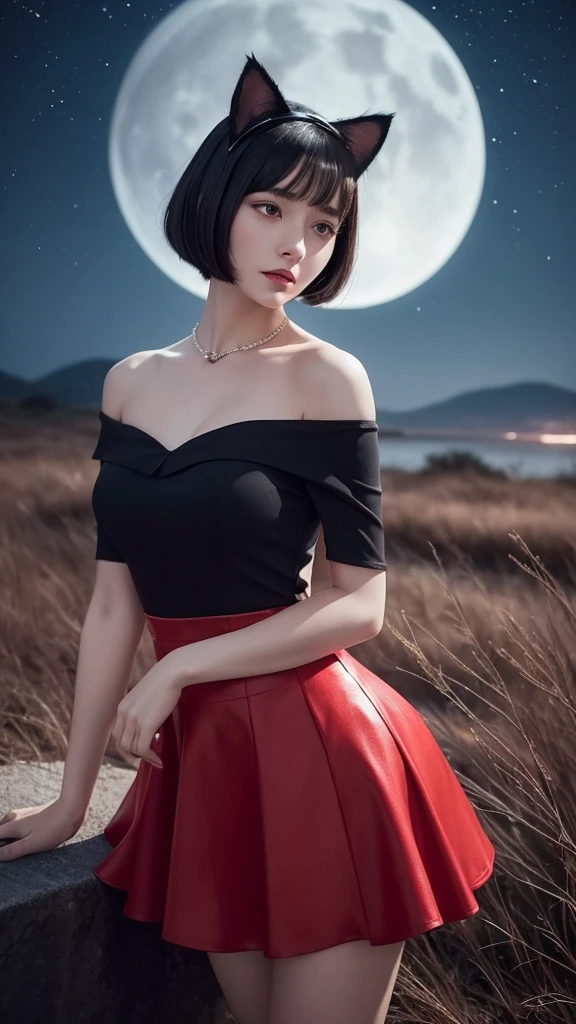 Delicate and dainty young woman with shiny bob-cut black hair and cat ears. She is wearing an off-the-shoulder red only  mini-skirt dress. The background is a fantastic and ethereal night sky that seems to be haunted by a specter. Her expression is stern and atmospheric. Angle from directly below, f-cup