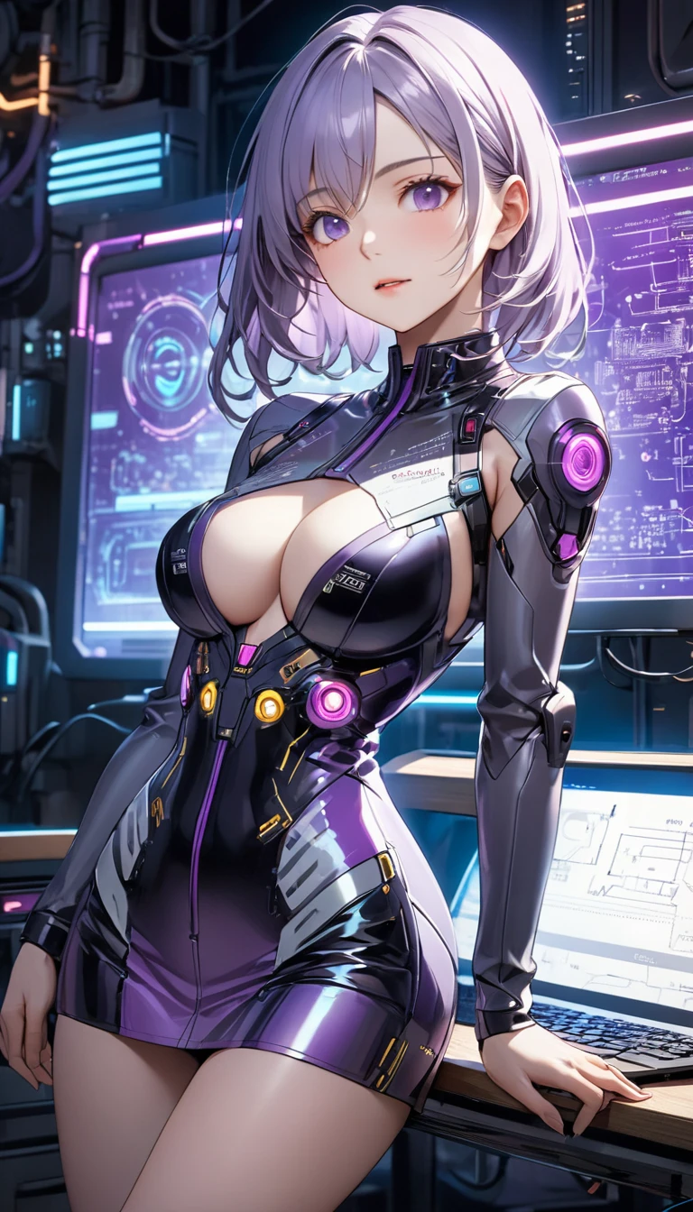Highest quality, Great quality, 16K, Unbelievably absurd, Very detailed, 2.5D, delicate and dynamic, Very delicate facial expressions, Delicate eye depiction, Upper body close-up, , Only sexy wn, Healthy body shape, 22-year-old woman, Height: 170cm, Large, firm, swaying bust、Futuristic laboratory, High-tech equipment, Bright LED lights, Stylish desk, Transparent Screen, Sophisticated décor, Complex Circuit Diagram, Cyberpunk style suit, Metallic dress, Stylish jacket, Platinum Purple Medium Hair