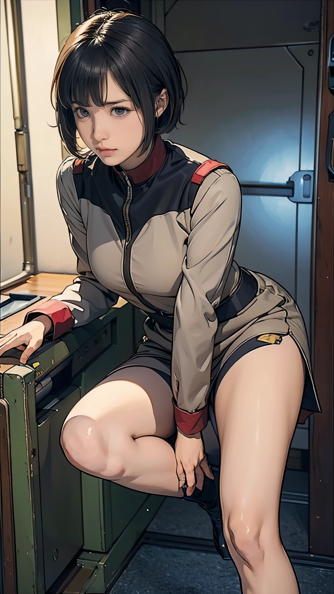 13-year-old girl、Earth Federation Operator Girl Soldier、Black short hair、Idol-level cuteness、Childish face and appearance、Operator intercom mounted on head、Accurately drawn faces、thin、健康的なKnee-lengthスカート風の地球連邦軍制服、Knee-length、Inside the bridge of a battleship、Low angle shot、Anatomically correct、Accurate Fingers、Accurate Rimbuster Piece、Photorealization