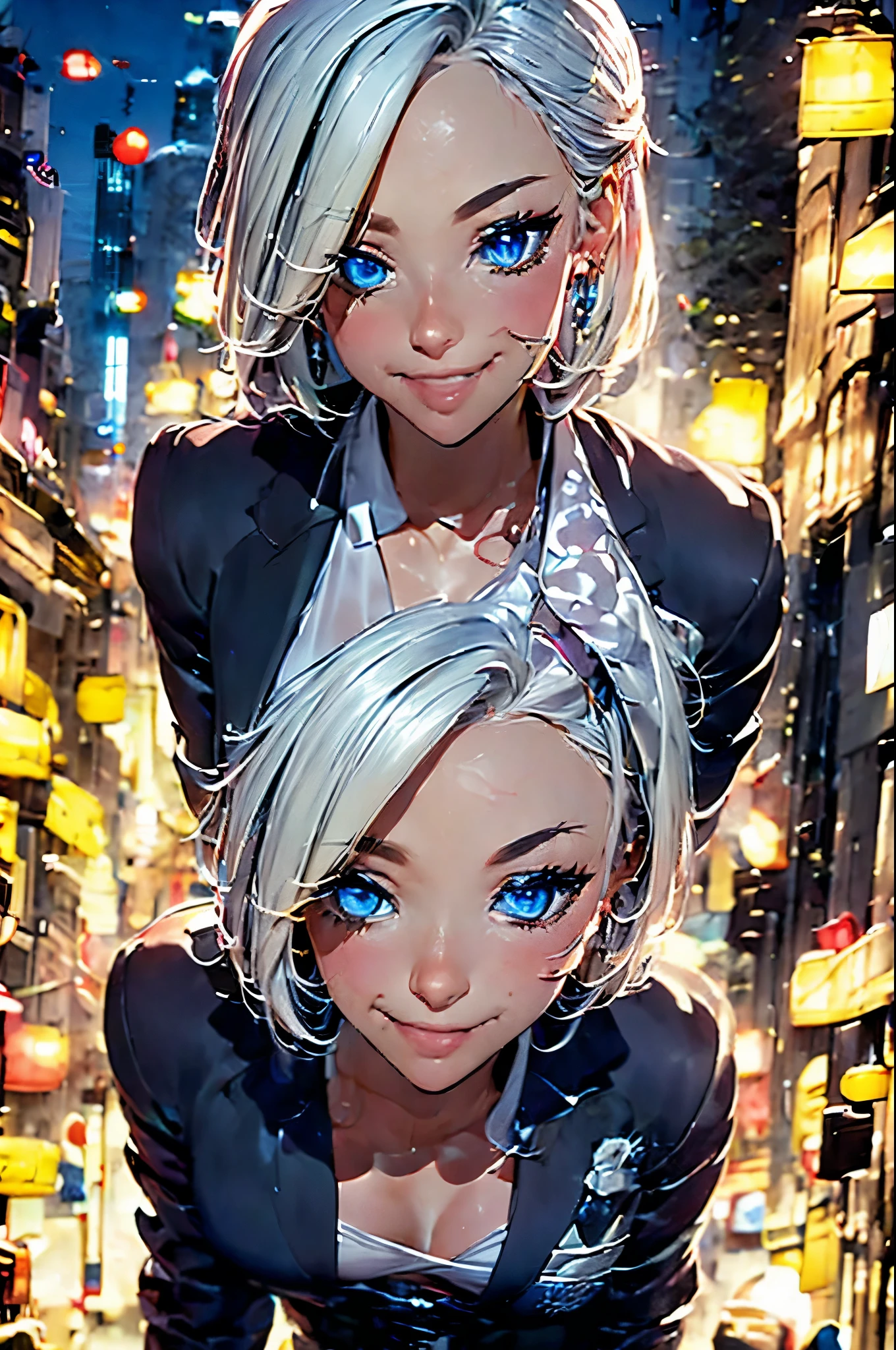 fox girl, blue colored eyes, white hair, cute smile, blood in The face, passionate look