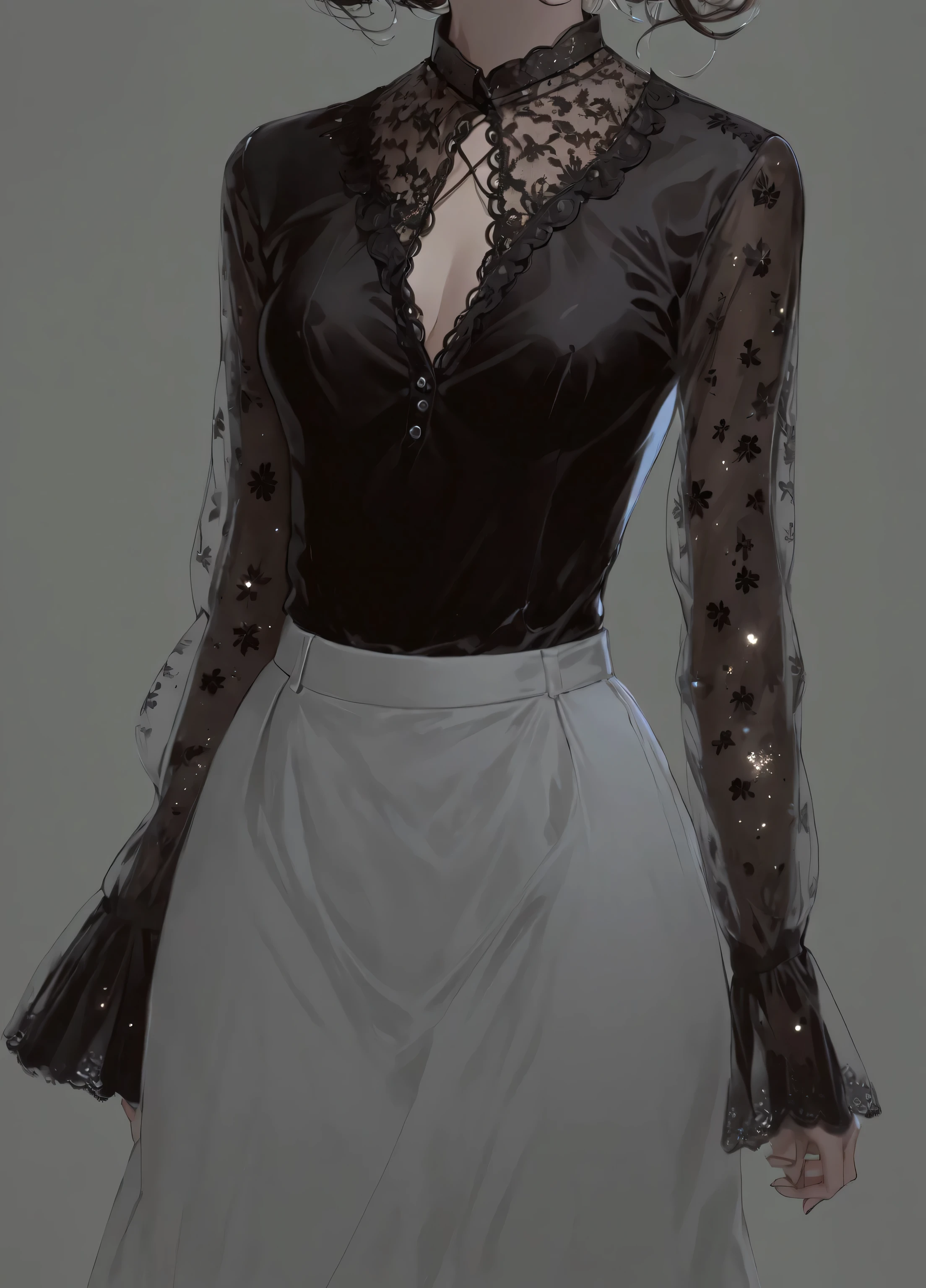 beautiful illustration, ultra-detailed, masterpiece, black lace, twirls, shirt, glitter