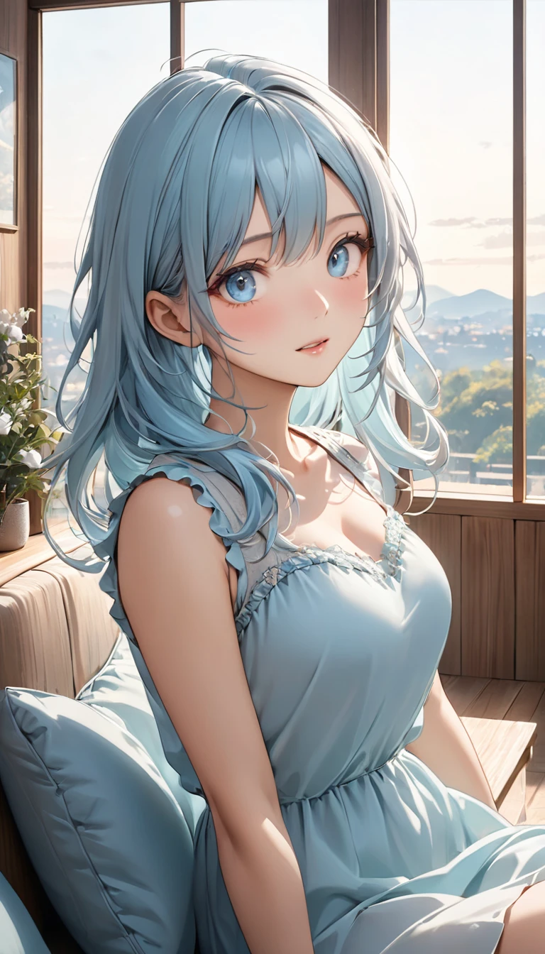 Highest quality, Great quality, 16K, Unbelievably absurd, Very detailed, 2.5D, delicate and dynamic, Very delicate facial expressions, Delicate eye depiction, Upper body close-up, erotic, Only sexy women, Healthy body shape, 22-year-old woman, Height: 170cm, Large, firm, swaying bust、Simple Scandinavian style living room, Wooden furniture, Light-toned walls, Minimalist design, Sofas and cushions, Modern art, Large windows with natural light, Minimalist designのドレス, Simple chiffon dress, Light casual dress, Sky Blue Long Hair