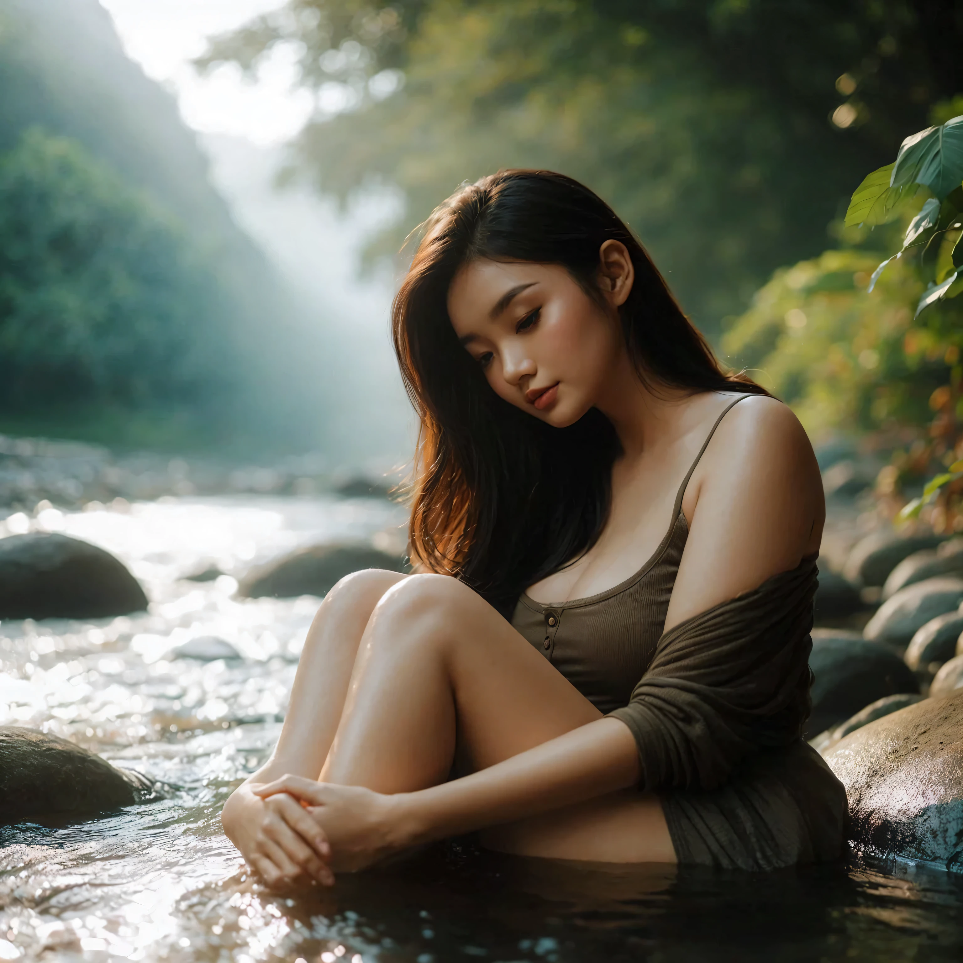 Lifestyle photoshoot, a beautiful indonesian girl (slightly overweight), soaking in the river, bright light, ultra HD 16K