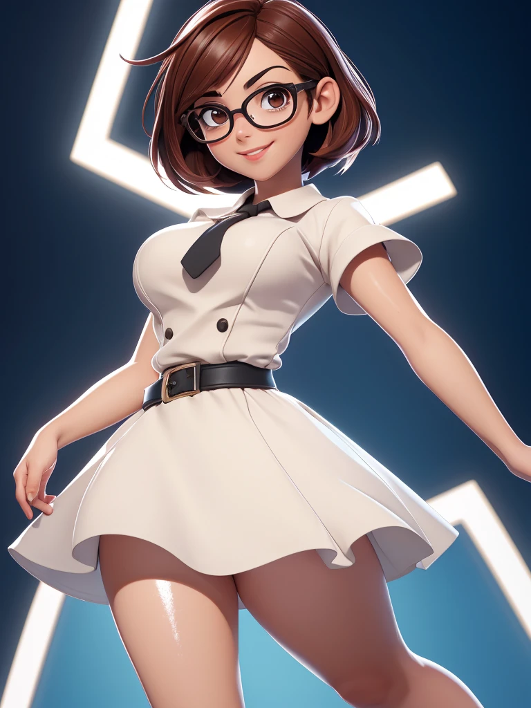 (best quality:1.4),(shiny skin), spreas my legs, spread your legs,  body focus, (cute face), (((best quality))), illustration, ((Beautiful Finger)), , Beautiful body, Beautiful character design, ,perfect lighting, Colorful, Bright_Front_face_Lighting, ultra high res, highres, absurdres:1.2, bokeh:1.2, lens flare, (vibrant_color:1.2), (Beautiful, medium breasts:1.2), (thick thighs:1.1), THICK, 1girl,
 Short black hair, large round glasses, big round eyes with light pupils, thin eyebrows, small nose, light skin tone, subtle smile, hands on hips, brown eyes, uraraka Ochako, full body view, show sexy legs, bug breasts, sexy, provocative, Fallout.