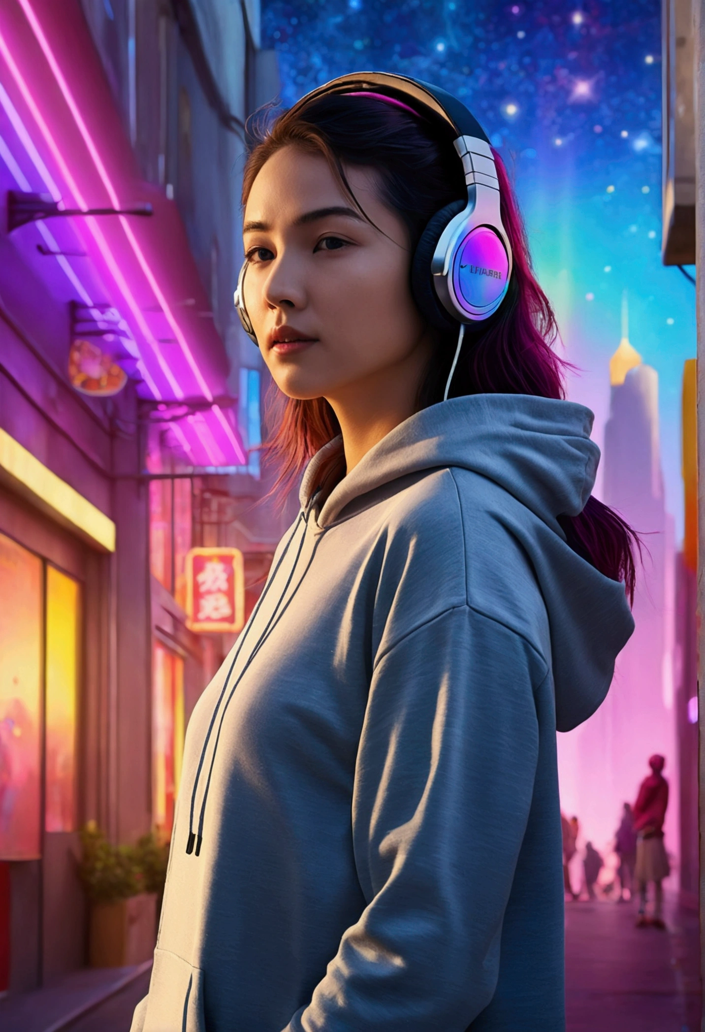 Future City、Neon Street、Super beautiful light、((Colorful light))、mysterious cityscape、8k,((cinematic light and shadow))、(((One City)))、Countless lights、Transparent Prism、(((A scene from a movie)))、((眩しいNeon Street))、Transparent Prism街、(((Rainbow light)))、((There are many different colors mixed together.))、((Starry Sky))、(((Ultra-realistic CG)))、Reflective Landscape、(((A woman wearing headphones is standing in the distance.)))、(Full body woman)、((hoodie))