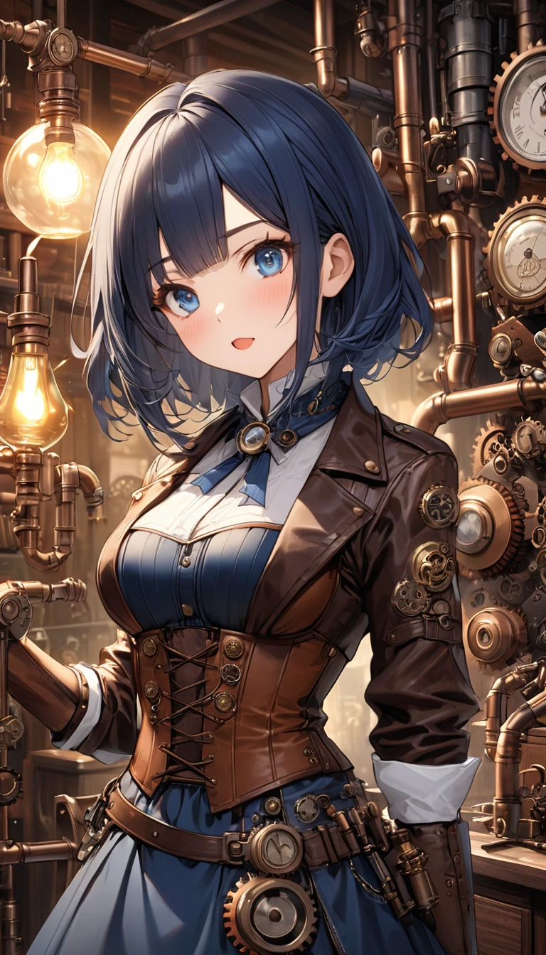 Highest quality, Great quality, 16K, Unbelievably absurd, Very detailed, 2.5D, delicate and dynamic, Very delicate facial expressions, Delicate eye depiction, Upper body close-up, erotic, Only sexy women, Healthy body shape, 22-year-old woman, Height: 170cm, Large, firm, swaying bust、Steampunk workshop, Copper machinery, Gears and pipes, Tool shelf, Twinkling Lamp, Retro furniture, Complex mechanical device, Steampunk Corset, Mechanical Dress, Leather jacket and skirt, Midnight blue medium hair