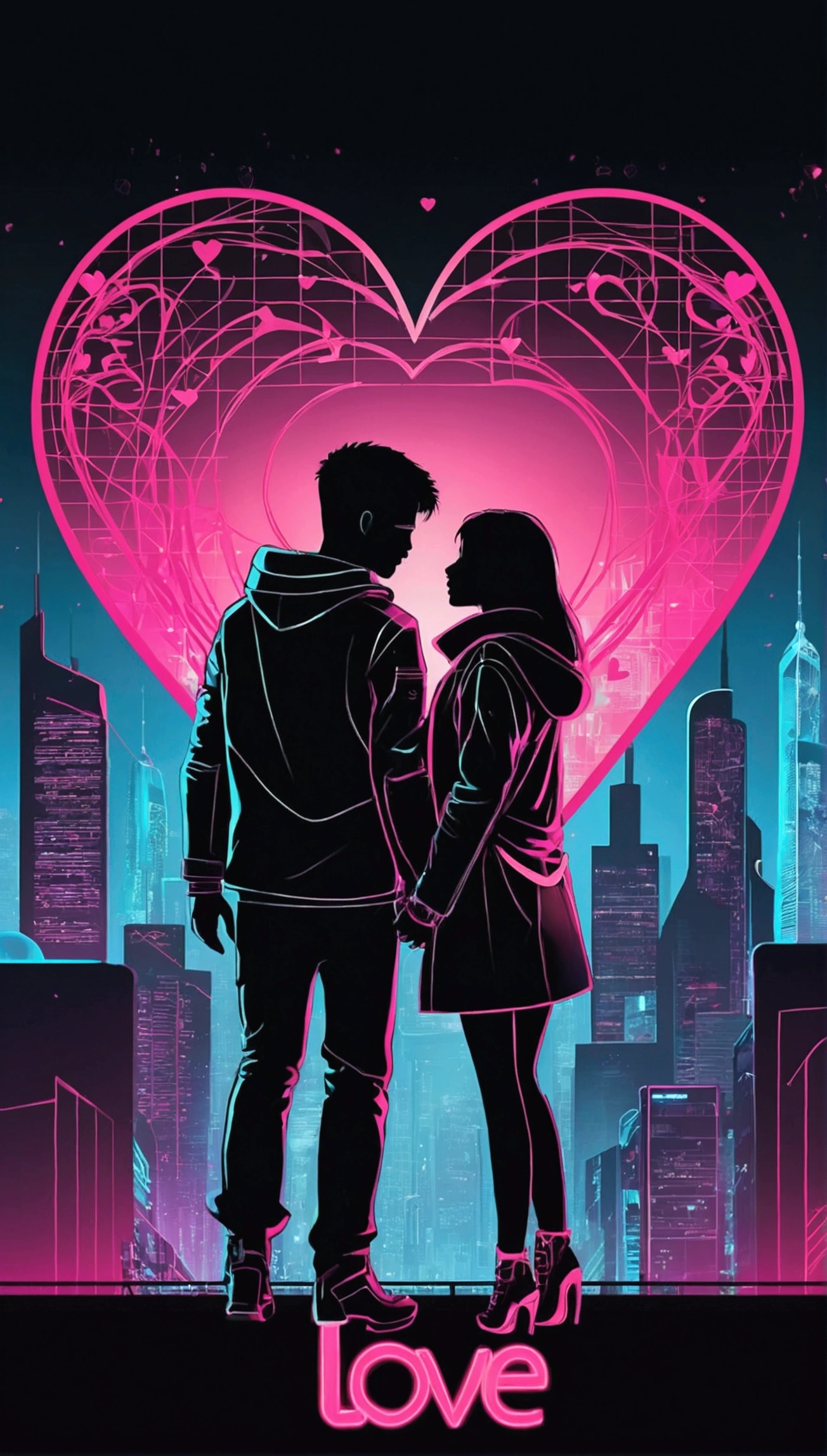 Design a simple Valentine's Day design with the word love, Transparent background, Love element,Heart-shaped composition,A boy and a girl get entangled,modern fashion outfit,Simple cyberpunk city as a backdrop,