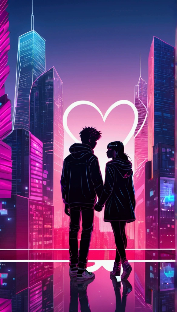 Design a simple Valentine's Day design with the word love, Transparent background, Love element,Heart-shaped composition,A boy and a girl get entangled,modern fashion outfit,Simple cyberpunk city as a backdrop,