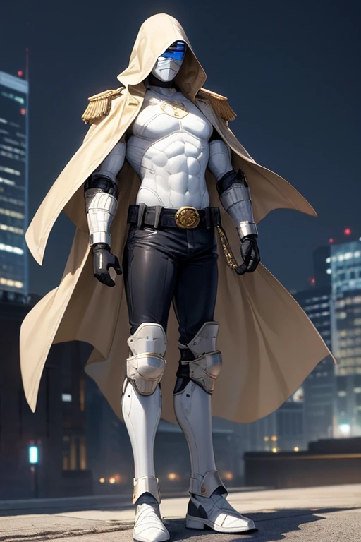 ((best quality)), ((masterpiece)), (detailed), 1 boy in a trench coat standing on a building, full body, 19 years old, masked, white mask covering his entire head and hair, mask, black protective glasses, blue eyes, black face mask, no hair, tall and slender, thin, long beige trench coat, open trench coat showing his emblem, black fingerless gloves, white wristbands, white superhero armor, white chest with emblem, luminous blue "I" letter emblem on chest, blue I-shaped emblem, letter I, black pants, white knee pads, metallic white shoes, superhero belt, nanotechnology in the air, city background, anime