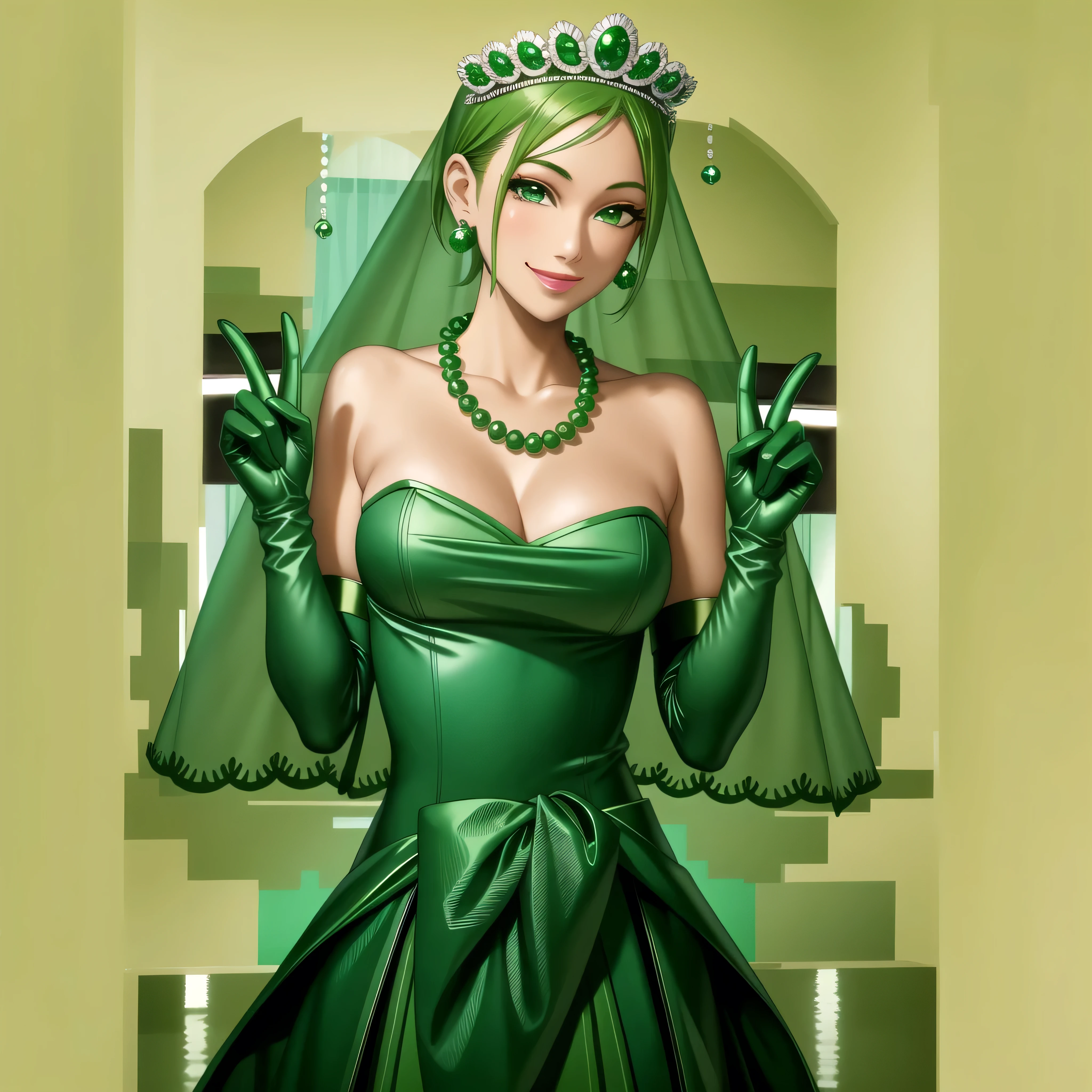 Emerald tiara, Green Pearl Necklace, Boyish very short green hair, Green Lips, Smiling Japanese woman, Very short hair, Busty beautiful lady, Green Eyes, Green satin long gloves, Green Eyes, Emerald Earrings, Green veil, all, Green Hair, Beautiful Japanese Women, green lip gloss
