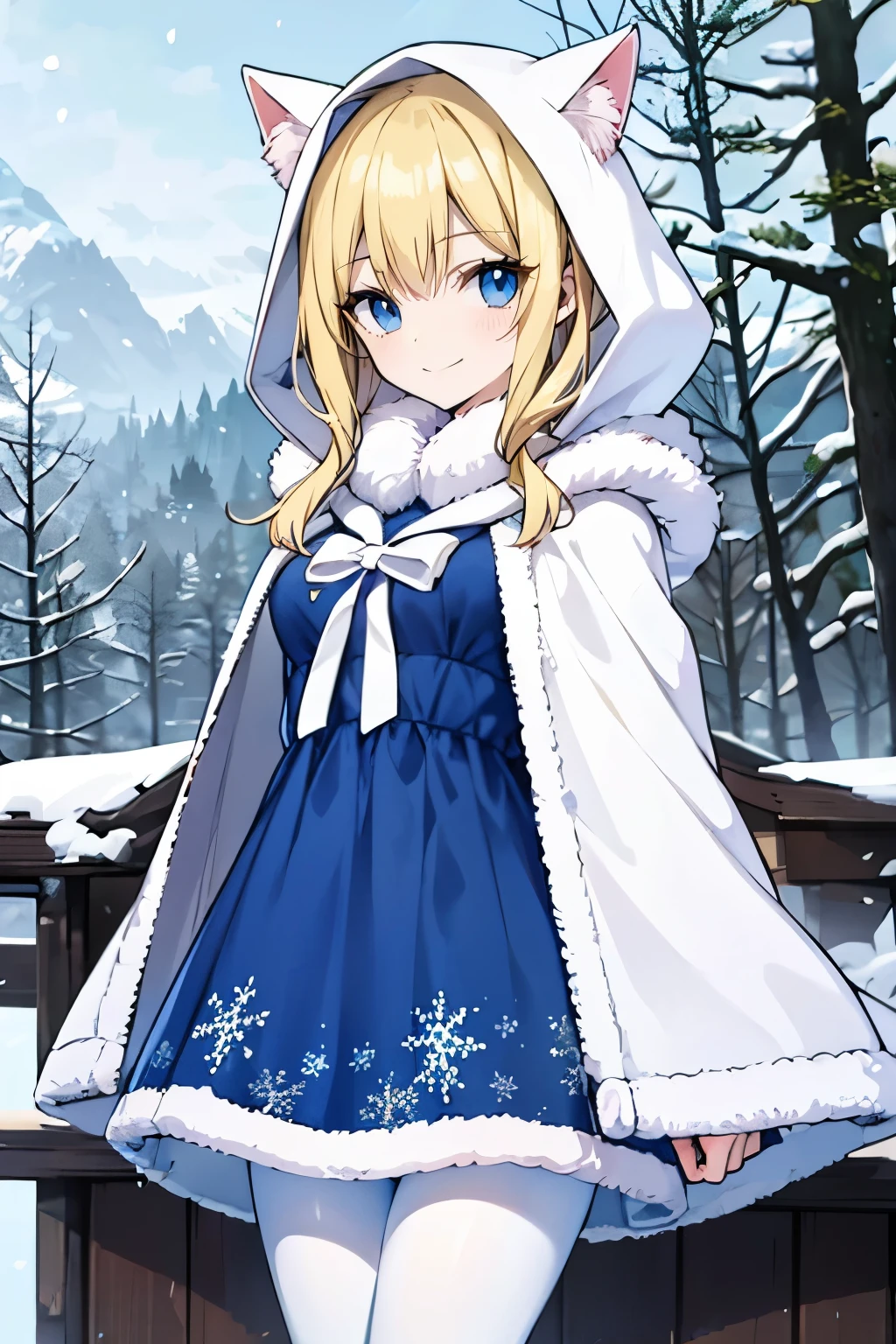 Safe for work, masterpiece, best quality, solo, 1 girl,  cute girl, wholesome girl, (young female body:1.4), ( medium small breasts), cowboy shot, shy smile, flustered, yellow hair, thick wavy hair, hime cut, very blunt bangs, light blue eyes, detailed eyes, outside, snowy woods, wooden cabin in background, standing, dark blue dress, blue winter dress, dress with white fur, white cotton pantyhose, winter fur dress, long sleeve, blue dress, snowflake print on dress, thick winter dress, white fur trimmings, white fur, warm, bright blue dress, white cloak, fluffy cape, cape over shoulder, white cape, bows on dress, cape hood over head, hood with cat ears, details on dress