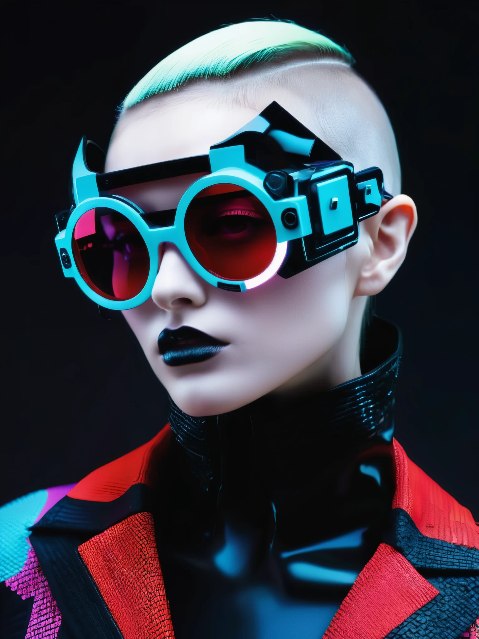 An avant-garde portrayal of a cyberpunk fashionista, her outfit exuding binary elegance, her every movement a testament to glitched perfection. , eyewear, by Giuseppe Gustavo 'Jo' Mattli and Christopher Straub , 