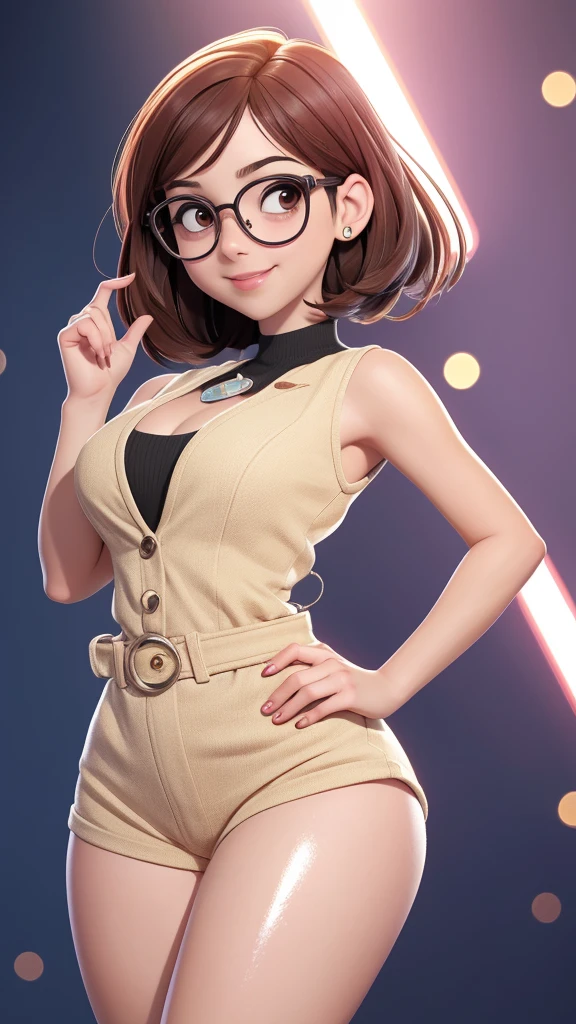 (best quality:1.4),(shiny skin), spreas my legs, spread your legs,  body focus, (cute face), (((best quality))), illustration, ((Beautiful Finger)), , Beautiful body, Beautiful character design, ,perfect lighting, Colorful, Bright_Front_face_Lighting, ultra high res, highres, absurdres:1.2, bokeh:1.2, lens flare, (vibrant_color:1.2), (Beautiful, medium breasts:1.2), (thick thighs:1.1), THICK, 1girl,
 Short black hair, large round glasses, big round eyes with light pupils, thin eyebrows, small nose, light skin tone, subtle smile, hands on hips, brown eyes, uraraka Ochako, full body view, show sexy legs, bug breasts, sexy, provocative, Fallout.