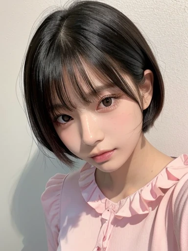 20-year-old women、Japanese、Beauty、Natural double eyelids、Pink frill shirt、White Background、Breast、Beautiful Skin、Glossy Lips、Black short hair、Upper Body、Selfie from diagonally above