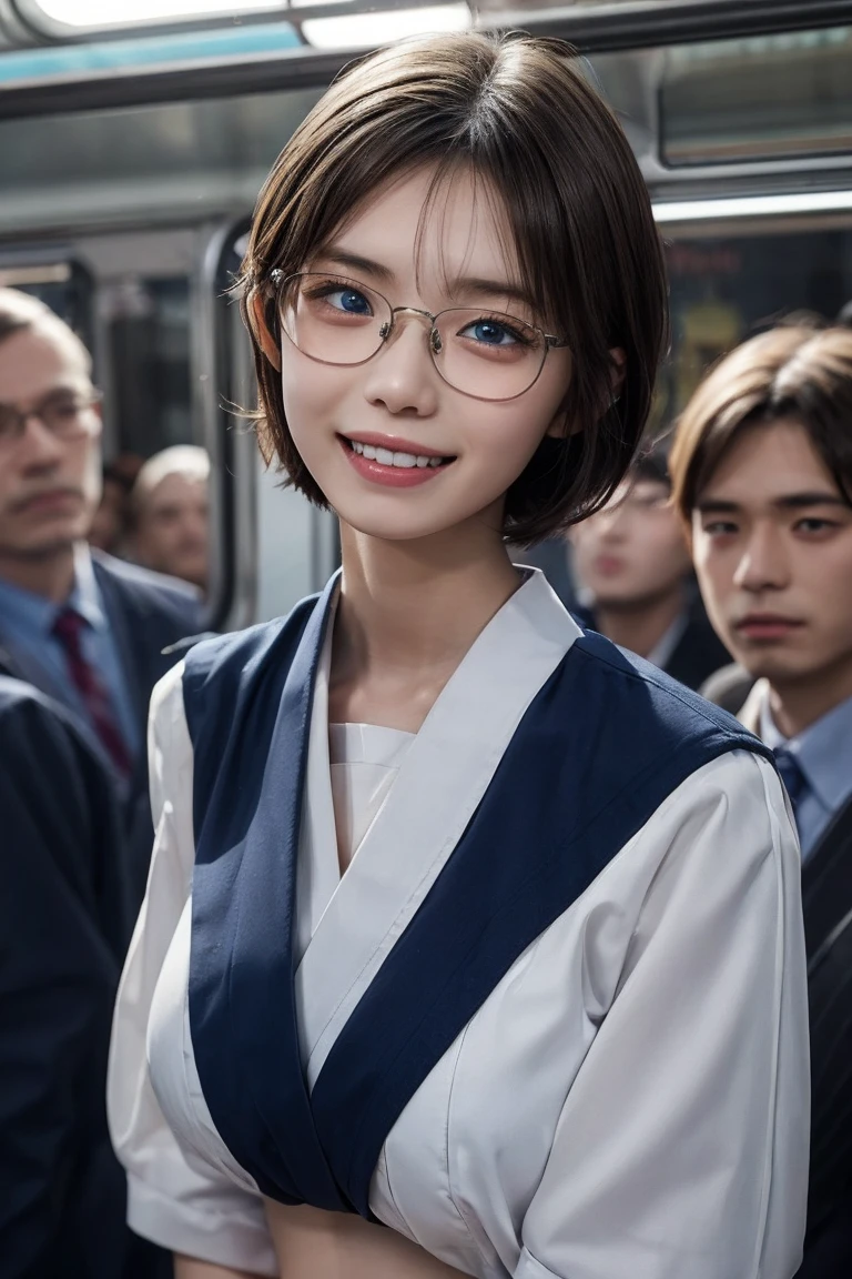 Sailor suit,A kind and happy smile、(looks happy:1.3),Breathless face、Excited expression、short hair、Glasses、Realistic,High resolution,Soft Light,Beautiful and slender girl, blue eyes, Elegant and sexy, Japanese women、Perfect hands、Perfect Arms、Very large breastplate、Highest quality、Very detailed、Crowd surfing、Realistic face、Realistic eyeasterpiece、Highest quality、Very detailed、1 girl、Crowd of Men,in the train,belly button,whole body