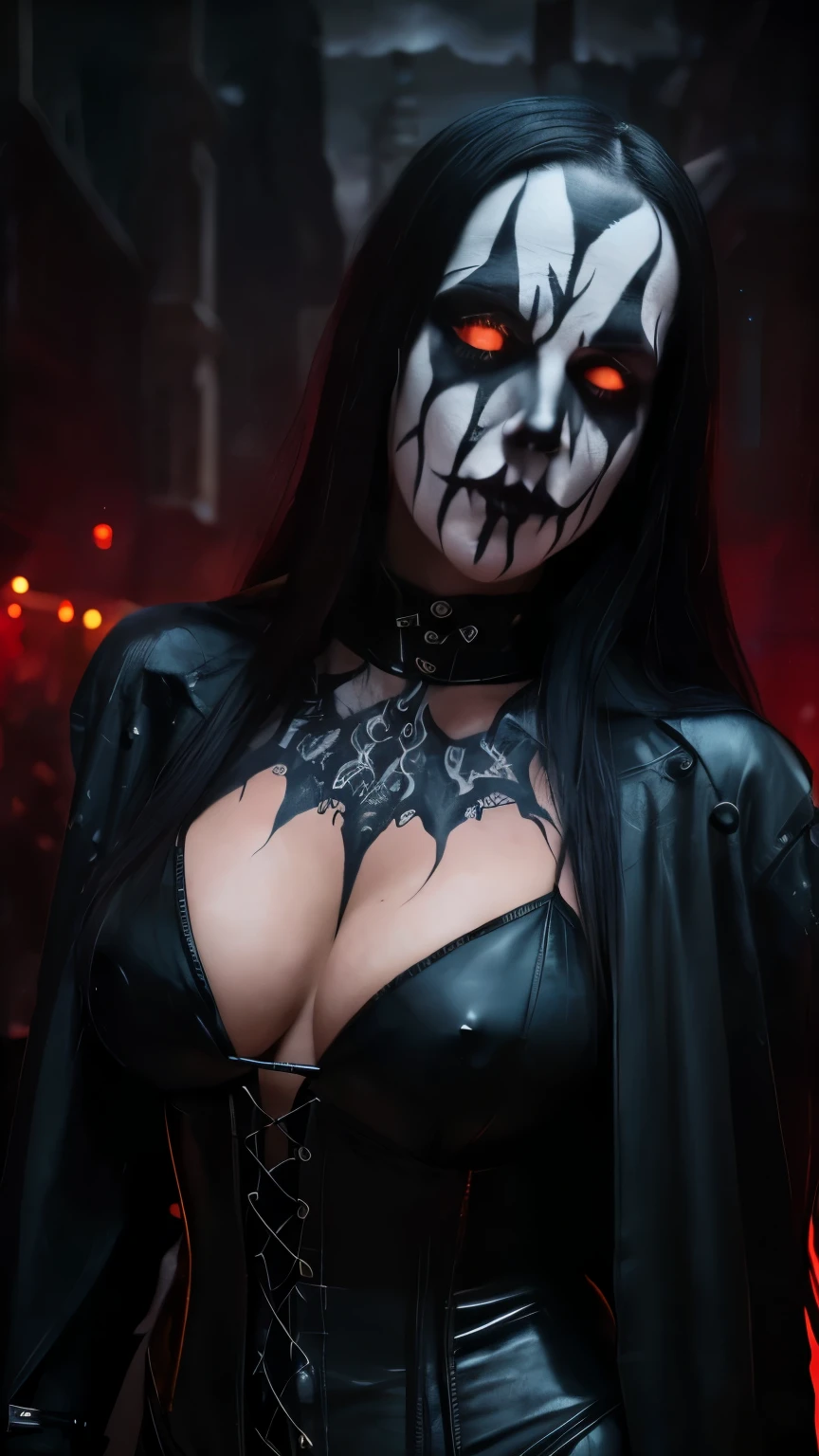 (masterpiece, best quality:1.2), (((1girl ))) , solo, highres, best quality, Half body shot of a pretty Hot girl, young, 19yo, redhead, pale white skin with (((black metal corpsy paint))), heavy White and Black face paint, wearing a black overcoat, corset, spike, in a gothic cemitery, at night, horror movie. high details, super detail, textured skin, masterpiece, UHD, 4K, 8k. ((Cinematic lighting)). Gothic cemitery background