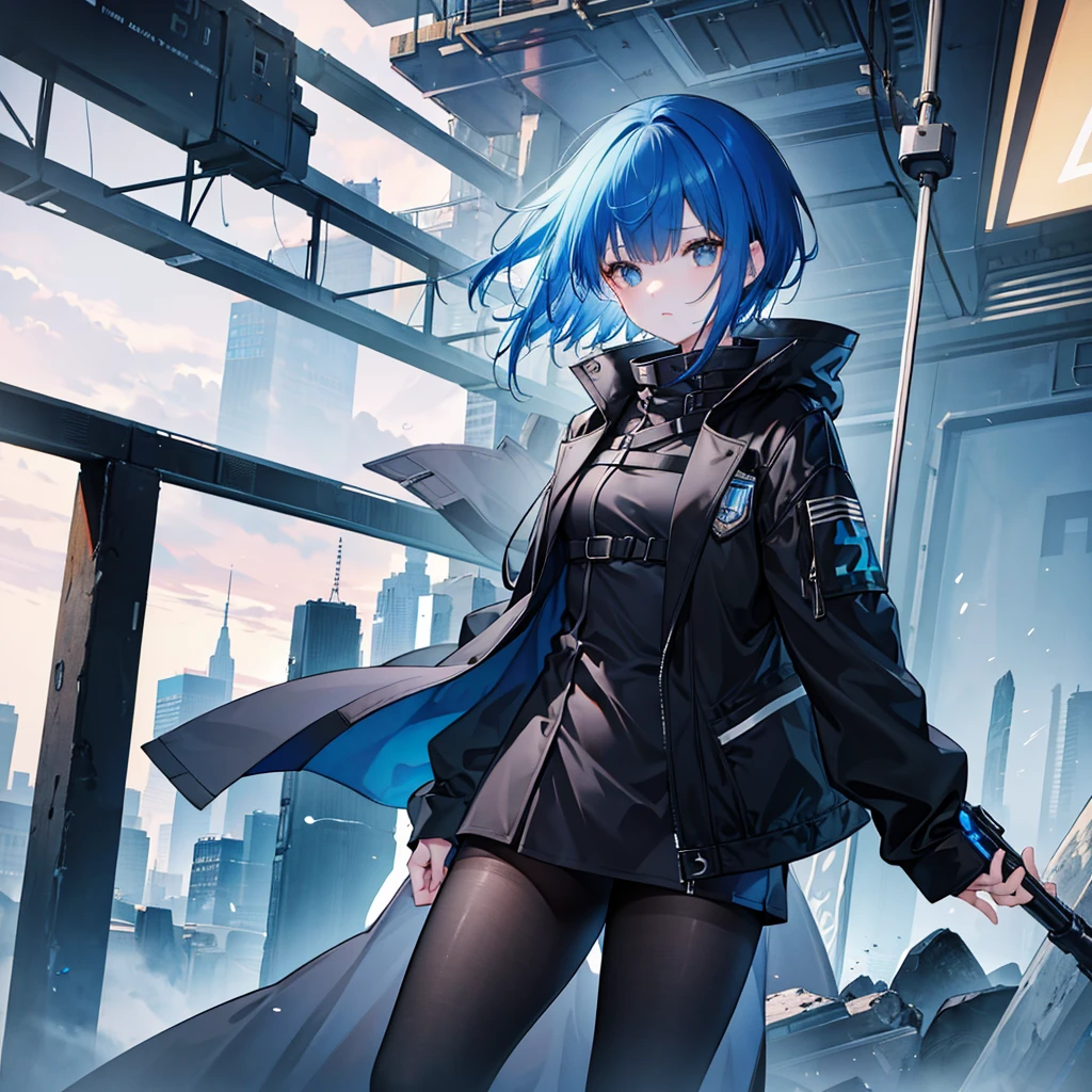 A girl with short blue hair wearing a black coat。Wearing an officer&#39;s cap。