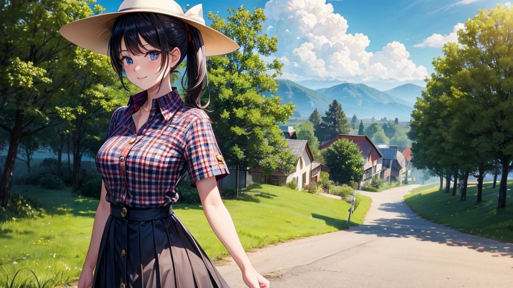 1girl, solo, rural landscape, village, trees, sun, clouds, fantasy, black hair, ponytail, large breasts, button down shirt, ((red checked shirt)), ((short sleeved shirt)), ((unbuttoned shirt)), popping buttons, unbuttoning buttons, cleavage 1:3, blue eyes, dark skirt, smile, looking at the viewer, standing, hair ribbon, golden necklate, elegant white hat