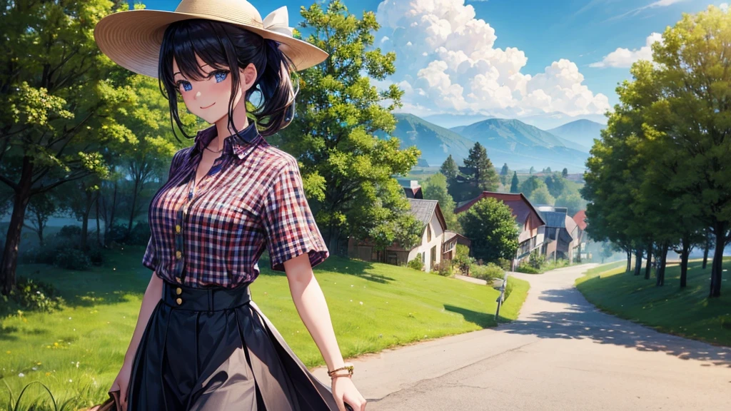 1girl, solo, rural landscape, village, trees, sun, clouds, fantasy, black hair, ponytail, large breasts, button down shirt, ((red checked shirt)), ((short sleeved shirt)), ((unbuttoned shirt)), popping buttons, unbuttoning buttons, cleavage 1:3, blue eyes, dark skirt, smile, looking at the viewer, standing, hair ribbon, golden necklate, elegant white hat
