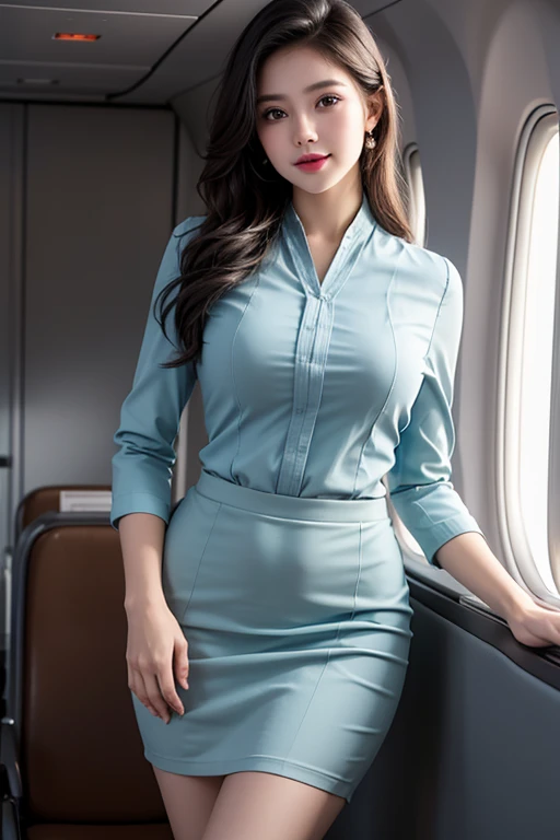 （From the outside） ， many color，Best quality at best，8K，real photograph，Delicate skin details，tmasterpiece，photograph of-realistic，Complicated details，RAW photogr,In the plane，ssmile，florals，stewardess，sockes,Extra-long hair，cropped shoulders，delicated face，Flight attendant professional attire，a skirt，decorations，Perfect Finger，Dissection is correct，(Huge room，0.8)，big cuvy hips，shiny skins，Shooting from front