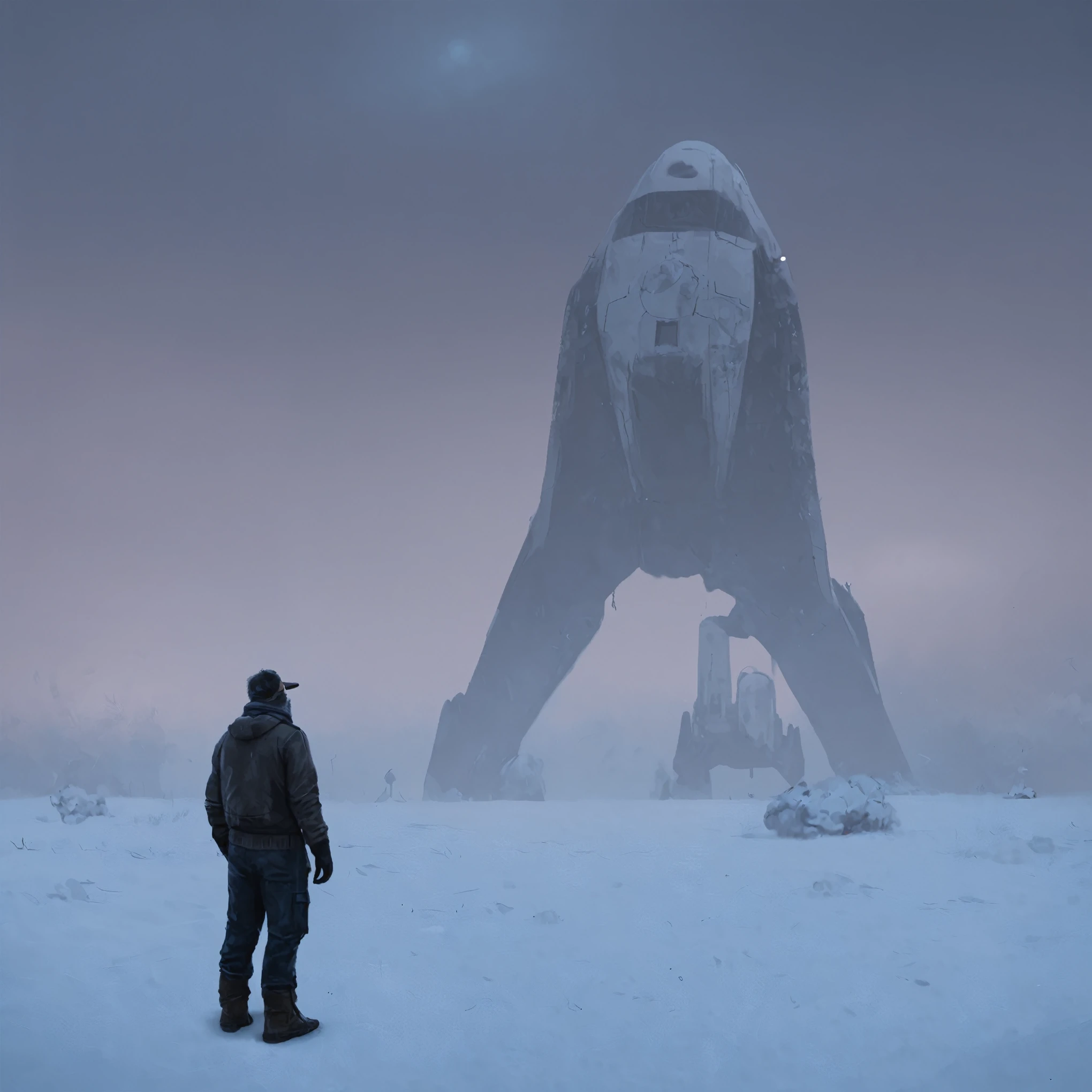 apocalyptic a man standing in the snow next to a giant shuttle 